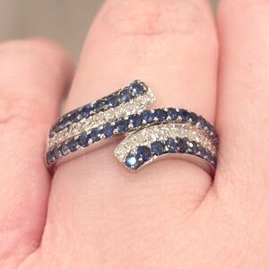 Vintage 14K Sapphire Diamond Ring, Natural Half Carat Blue Wave Size 7.25